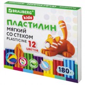 Пластилин мягкий восковой BRAUBERG KIDS, 12 цветов, 180 г, со стеком, 106495