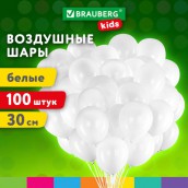 Шары воздушные 30 см, 100 штук, "ОДНОЦВЕТНЫЕ", белые, BRAUBERG KIDS, 591875