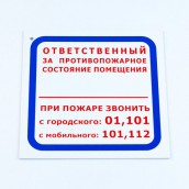 Знак "Ответственный за противопожарное состояние помещения/При пожаре звонить..", 200*200*2 мм, пластик, F16