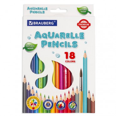 Карандаши цветные акварельные BRAUBERG PREMIUM AQUARELLE, 18 цветов, трехгранные, утолщенный грифель 4 мм, натуральное дерево, 181672