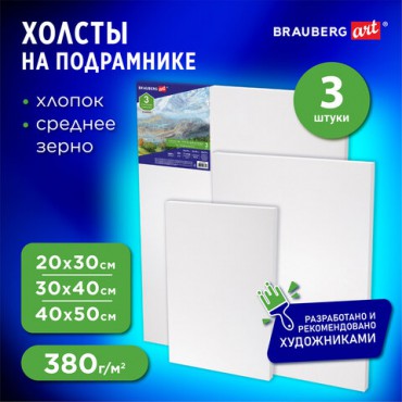 Холсты на подрамнике BRAUBERG ART CLASSIC, НАБОР 3 шт., 380 г/м2, 100% хлопок, среднее зерно, 191655