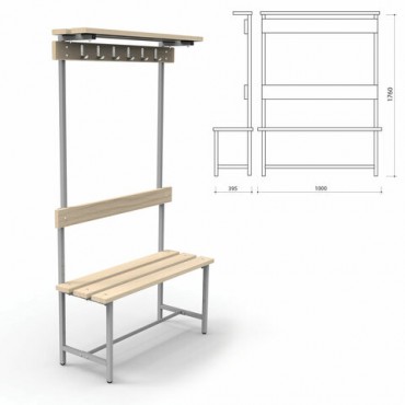 Скамья с вешалкой, спинкой и полкой "СВТ 7", 1760х1000х395 мм, 6 крючков, дерево, регулируемые опоры, каркас металлический серый, сиденье де