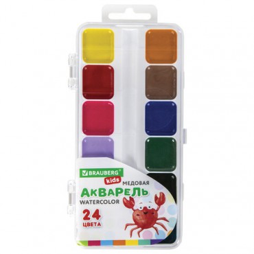 Краски акварельные BRAUBERG KIDS, медовые, 24 цвета, квадратные кюветы, пластиковый пенал, 192284