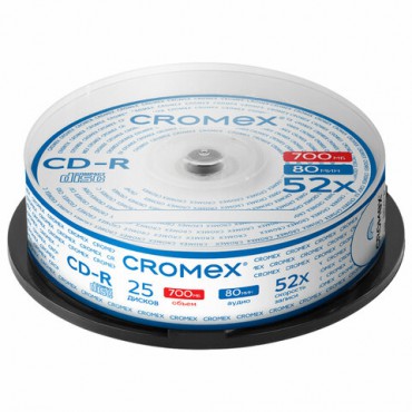 Диски CD-R CROMEX, 700 Mb, 52x, Cake Box (упаковка на шпиле), КОМПЛЕКТ 25 шт., 513776